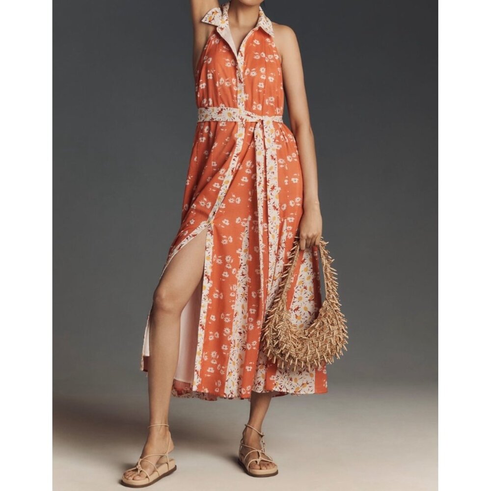 Maeve Anthropologie Halter Open-Back Godet Midi Shirt Dress Orange Floral Size L